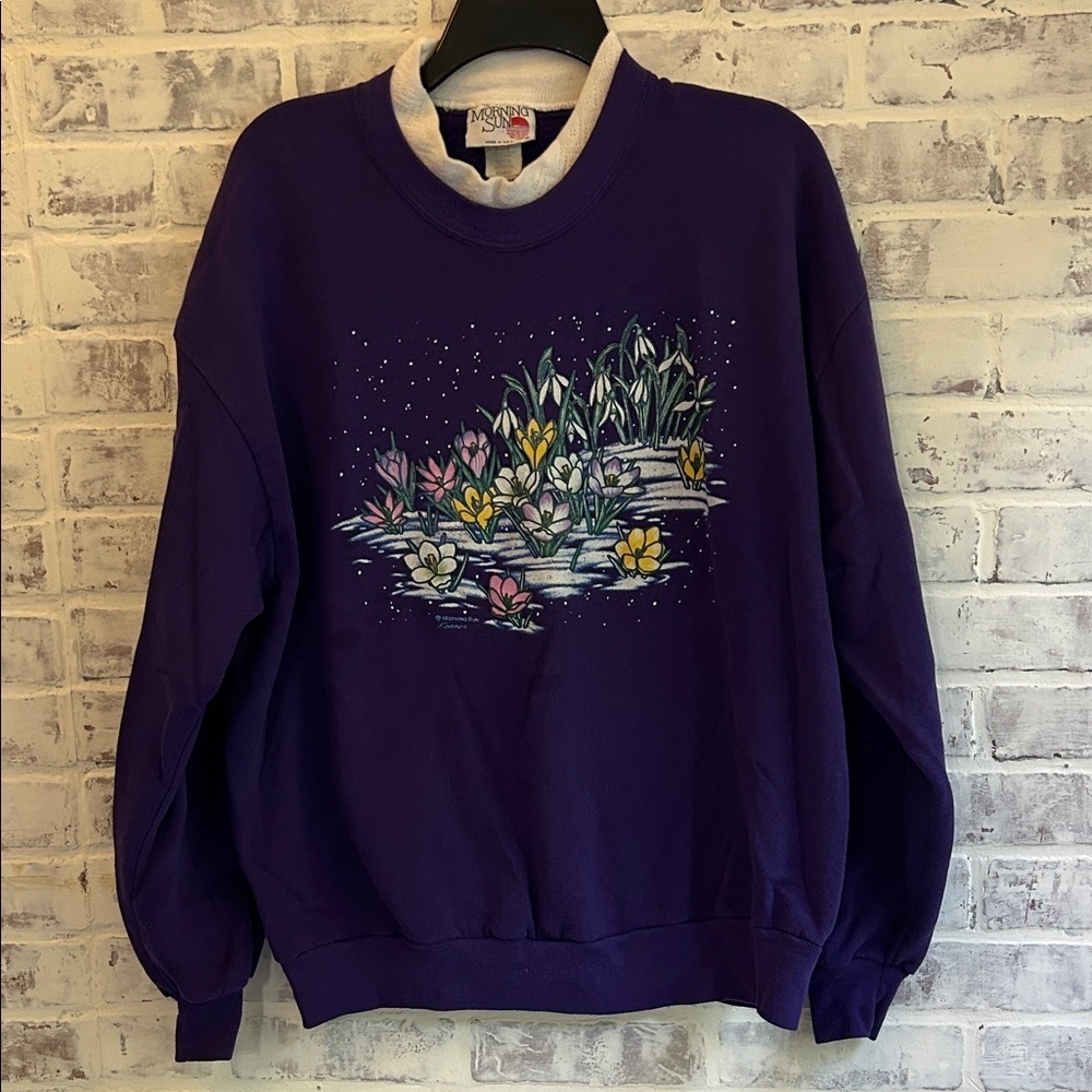 90s Morning Sun Womens L Crewneck Sweatshirt Pullover Floral Granny Cottage Core